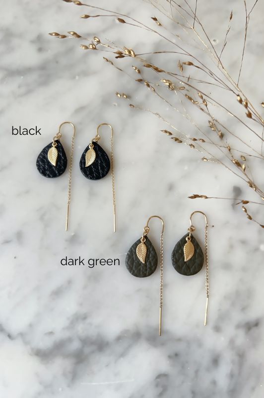 Earrings leaf mini me*leather gold filled*ear chain