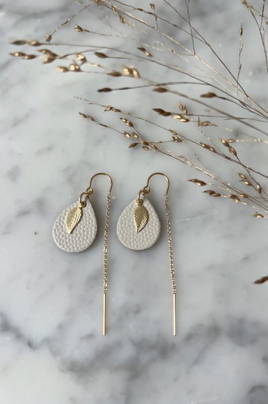 Earrings leaf mini me*leather gold filled*ear chain