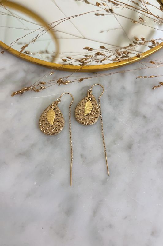 Earrings leaf mini me*leather gold filled*ear chain