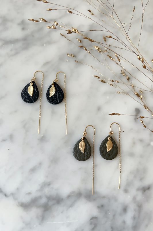 Earrings leaf mini me*leather gold filled*ear chain