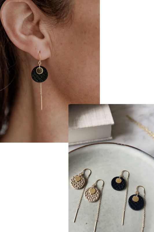 Earrings mini eye on you*leather gold filled*ear chain