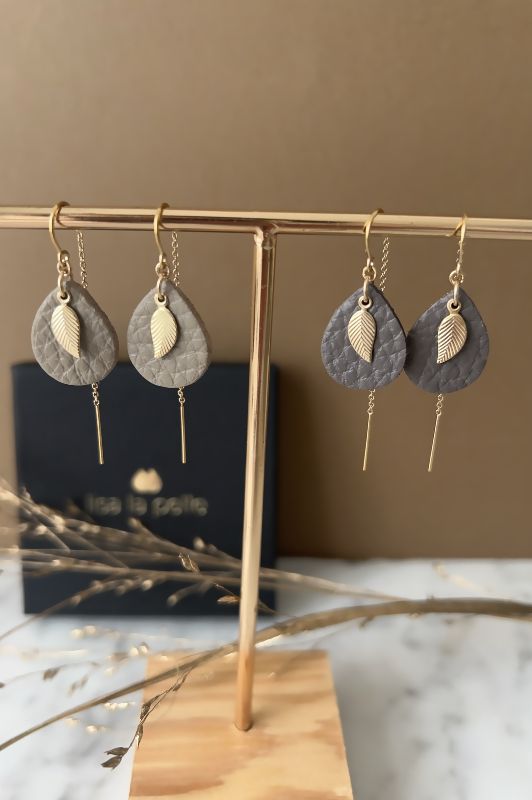 Earrings leaf mini me*leather gold filled*ear chain